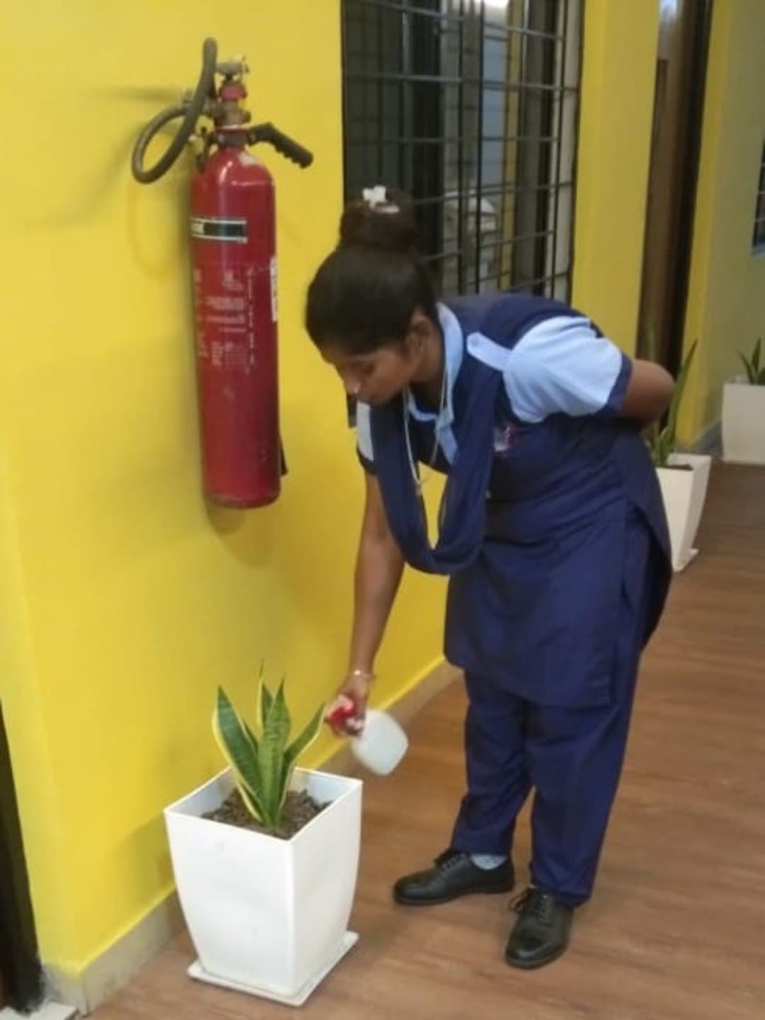 Housekeeping staff sanitising an office corridor
